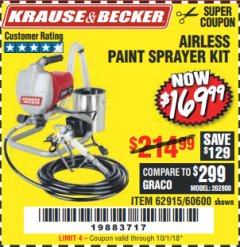 Harbor Freight Coupon AIRLESS PAINT SPRAYER KIT Lot No. 62915/60600 Expired: 10/1/18 - $169.99