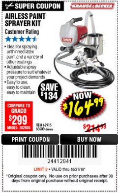 Harbor Freight Coupon AIRLESS PAINT SPRAYER KIT Lot No. 62915/60600 Expired: 10/21/18 - $164.99