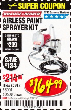 Harbor Freight Coupon AIRLESS PAINT SPRAYER KIT Lot No. 62915/60600 Expired: 6/30/19 - $164.99