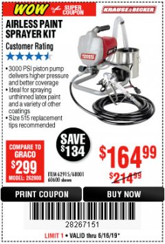 Harbor Freight Coupon AIRLESS PAINT SPRAYER KIT Lot No. 62915/60600 Expired: 6/16/19 - $164.99