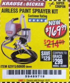 Harbor Freight Coupon AIRLESS PAINT SPRAYER KIT Lot No. 62915/60600 Expired: 1/6/20 - $169.99