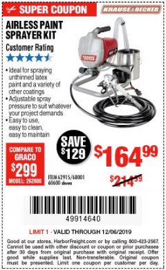 Harbor Freight Coupon AIRLESS PAINT SPRAYER KIT Lot No. 62915/60600 Expired: 12/6/19 - $164.99