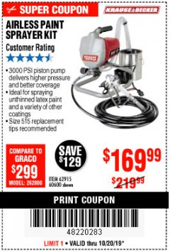 Harbor Freight Coupon AIRLESS PAINT SPRAYER KIT Lot No. 62915/60600 Expired: 10/20/19 - $169.99
