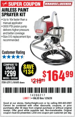 Harbor Freight Coupon AIRLESS PAINT SPRAYER KIT Lot No. 62915/60600 Expired: 1/26/20 - $164.99