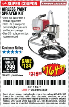 Harbor Freight Coupon AIRLESS PAINT SPRAYER KIT Lot No. 62915/60600 Expired: 3/8/20 - $164.99