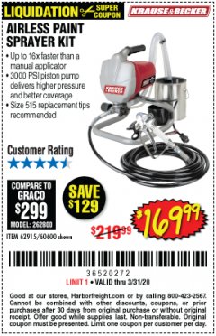 Harbor Freight Coupon AIRLESS PAINT SPRAYER KIT Lot No. 62915/60600 Expired: 3/31/20 - $169.99