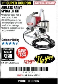Harbor Freight Coupon AIRLESS PAINT SPRAYER KIT Lot No. 62915/60600 Expired: 6/30/20 - $164.99