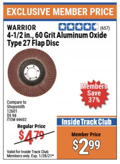 Harbor Freight ITC Coupon 4-1/2" 60 GRIT FLAP DISC Lot No. 69602 Expired: 1/28/21 - $2.99