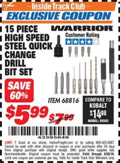 Harbor Freight ITC Coupon 15 PIECE HIGH SPEED STEEL QUICK CHANGE DRILL BIT SET Lot No. 68816 Expired: 6/30/18 - $5.99