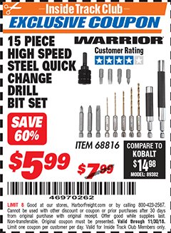 Harbor Freight ITC Coupon 15 PIECE HIGH SPEED STEEL QUICK CHANGE DRILL BIT SET Lot No. 68816 Expired: 11/30/18 - $5.99