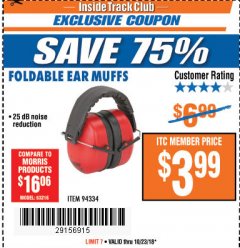 Harbor Freight ITC Coupon FOLDABLE EAR MUFFS Lot No. 70040 Expired: 10/23/18 - $3.99