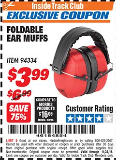Harbor Freight ITC Coupon FOLDABLE EAR MUFFS Lot No. 70040 Expired: 11/30/18 - $3.99