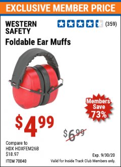 Harbor Freight ITC Coupon FOLDABLE EAR MUFFS Lot No. 70040 Expired: 9/30/20 - $4.99