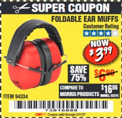 Harbor Freight Coupon FOLDABLE EAR MUFFS Lot No. 70040 Expired: 5/1/19 - $3.99