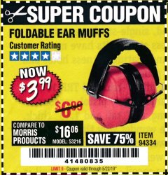 Harbor Freight Coupon FOLDABLE EAR MUFFS Lot No. 70040 Expired: 5/22/19 - $3.99