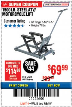 Harbor Freight Coupon 1500 LB. CAPACITY ATV/MOTORCYCLE LIFT Lot No. 2792/69995/60536/61632 Expired: 7/8/18 - $69.99