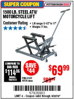 Harbor Freight Coupon 1500 LB. CAPACITY ATV/MOTORCYCLE LIFT Lot No. 2792/69995/60536/61632 Expired: 8/20/18 - $69.99