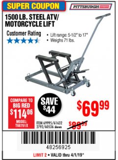 Harbor Freight Coupon 1500 LB. CAPACITY ATV/MOTORCYCLE LIFT Lot No. 2792/69995/60536/61632 Expired: 4/1/19 - $69.99