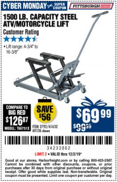 Harbor Freight Coupon 1500 LB. CAPACITY ATV/MOTORCYCLE LIFT Lot No. 2792/69995/60536/61632 Expired: 12/2/19 - $69.99