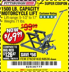 Harbor Freight Coupon 1500 LB. CAPACITY ATV/MOTORCYCLE LIFT Lot No. 2792/69995/60536/61632 Expired: 1/27/20 - $69.99