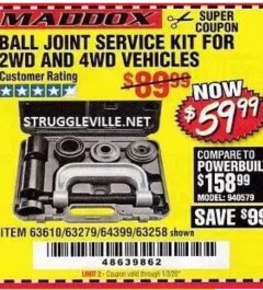 Harbor Freight Coupon BALL JOINT SERVICE KIT FOR 2WD AND 4WD VEHICLES Lot No. 64399/63279/63258/63610 Expired: 1/30/20 - $59.99