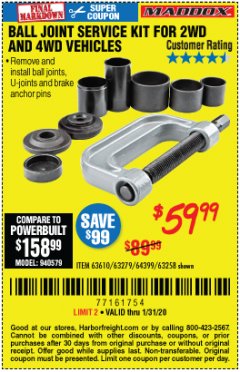 Harbor Freight Coupon BALL JOINT SERVICE KIT FOR 2WD AND 4WD VEHICLES Lot No. 64399/63279/63258/63610 Expired: 1/31/20 - $59.99