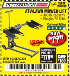 Harbor Freight Coupon HIGH LIFT RIDING LAWN MOWER/ATV LIFT Lot No. 61523/60395/62325/62493 Expired: 8/20/18 - $79.99