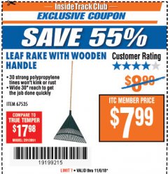 Harbor Freight ITC Coupon LEAF RAKE WITH WOODEN HANDLE Lot No. 67535 Expired: 11/6/18 - $7.99