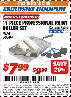 Harbor Freight ITC Coupon 11 PIECE PROFESSIONAL PAINT ROLLER SET Lot No. 60684 Expired: 8/31/18 - $7.99