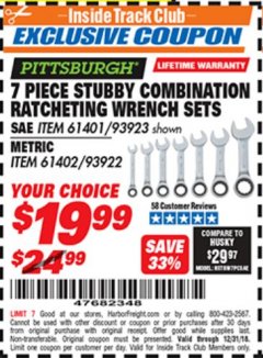 Harbor Freight ITC Coupon 7 PIECE STUBBY RATCHETING COMBINATION WRENCH SETS Lot No. 61401/93923/93922/61402 Expired: 12/31/18 - $19.99