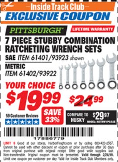 Harbor Freight ITC Coupon 7 PIECE STUBBY RATCHETING COMBINATION WRENCH SETS Lot No. 61401/93923/93922/61402 Expired: 2/28/19 - $19.99