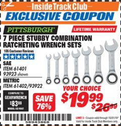 Harbor Freight ITC Coupon 7 PIECE STUBBY RATCHETING COMBINATION WRENCH SETS Lot No. 61401/93923/93922/61402 Expired: 10/31/19 - $19.99
