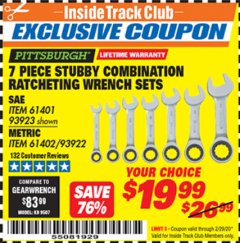 Harbor Freight ITC Coupon 7 PIECE STUBBY RATCHETING COMBINATION WRENCH SETS Lot No. 61401/93923/93922/61402 Expired: 2/29/20 - $19.99