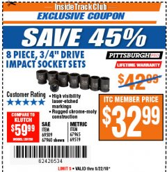 Harbor Freight ITC Coupon 8 PIECE 3/4" DRIVE IMPACT SOCKET SETS Lot No. 69509/67960/67965/69519 Expired: 5/22/18 - $32.99