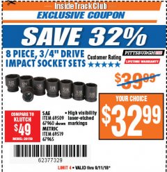 Harbor Freight ITC Coupon 8 PIECE 3/4" DRIVE IMPACT SOCKET SETS Lot No. 69509/67960/67965/69519 Expired: 9/11/18 - $32.99