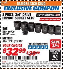 Harbor Freight ITC Coupon 8 PIECE 3/4" DRIVE IMPACT SOCKET SETS Lot No. 69509/67960/67965/69519 Expired: 12/31/18 - $32.99