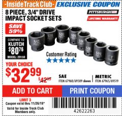 Harbor Freight ITC Coupon 8 PIECE 3/4" DRIVE IMPACT SOCKET SETS Lot No. 69509/67960/67965/69519 Expired: 11/26/19 - $32.99