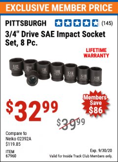 Harbor Freight ITC Coupon 8 PIECE 3/4" DRIVE IMPACT SOCKET SETS Lot No. 69509/67960/67965/69519 Expired: 9/30/20 - $32.99