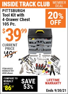 Harbor Freight ITC Coupon 105 PIECE TOOL KIT WITH 4-DRAWER CHEST Lot No. 4030/69323/69380/61591 Expired: 9/30/21 - $39.99