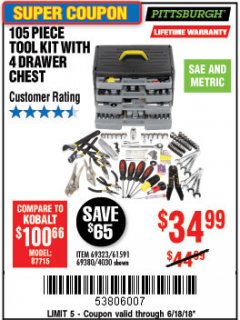 Harbor Freight Coupon 105 PIECE TOOL KIT WITH 4-DRAWER CHEST Lot No. 4030/69323/69380/61591 Expired: 6/18/18 - $34.99