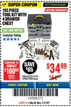 Harbor Freight Coupon 105 PIECE TOOL KIT WITH 4-DRAWER CHEST Lot No. 4030/69323/69380/61591 Expired: 7/1/18 - $34.99