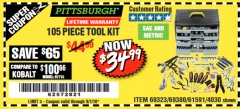 Harbor Freight Coupon 105 PIECE TOOL KIT WITH 4-DRAWER CHEST Lot No. 4030/69323/69380/61591 Expired: 9/1/18 - $34.99