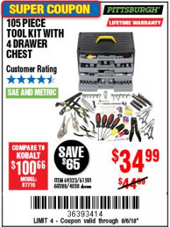 Harbor Freight Coupon 105 PIECE TOOL KIT WITH 4-DRAWER CHEST Lot No. 4030/69323/69380/61591 Expired: 8/6/18 - $34.99
