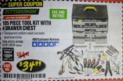 Harbor Freight Coupon 105 PIECE TOOL KIT WITH 4-DRAWER CHEST Lot No. 4030/69323/69380/61591 Expired: 12/31/18 - $34.99