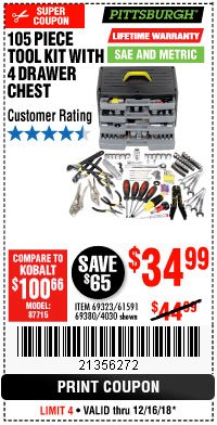 Harbor Freight Coupon 105 PIECE TOOL KIT WITH 4-DRAWER CHEST Lot No. 4030/69323/69380/61591 Expired: 12/16/18 - $34.99