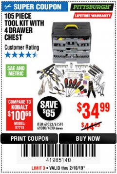 Harbor Freight Coupon 105 PIECE TOOL KIT WITH 4-DRAWER CHEST Lot No. 4030/69323/69380/61591 Expired: 2/10/19 - $34.99