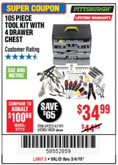 Harbor Freight Coupon 105 PIECE TOOL KIT WITH 4-DRAWER CHEST Lot No. 4030/69323/69380/61591 Expired: 3/4/19 - $34.99