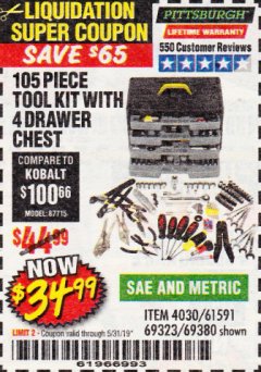 Harbor Freight Coupon 105 PIECE TOOL KIT WITH 4-DRAWER CHEST Lot No. 4030/69323/69380/61591 Expired: 5/31/19 - $34.99