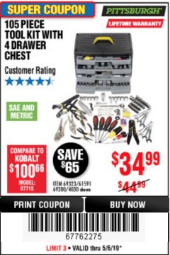 Harbor Freight Coupon 105 PIECE TOOL KIT WITH 4-DRAWER CHEST Lot No. 4030/69323/69380/61591 Expired: 5/6/19 - $34.99