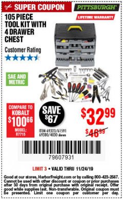 Harbor Freight Coupon 105 PIECE TOOL KIT WITH 4-DRAWER CHEST Lot No. 4030/69323/69380/61591 Expired: 11/24/19 - $32.99